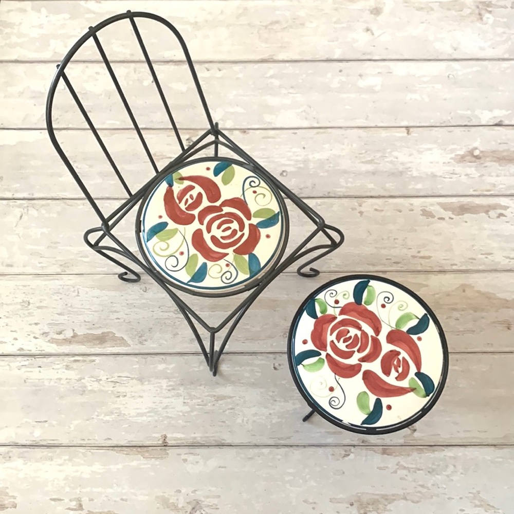 Outdoor Metal Garden Chair & Table Footstool Set Miniature Furniture 15in Tall